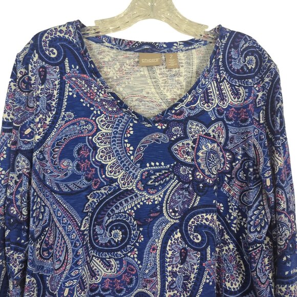 Chico's Blue Paisley Print V-Neck with sheer Chiffon hem Tunic Chico's 2 Sz 12‎ - Picture 4 of 14